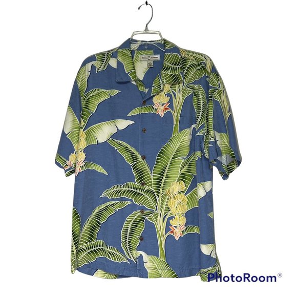 Tommy Bahama Shirt Button Up Silk Short Sleeve Banana Tree Print Blue Men's M - Picture 1 of 7